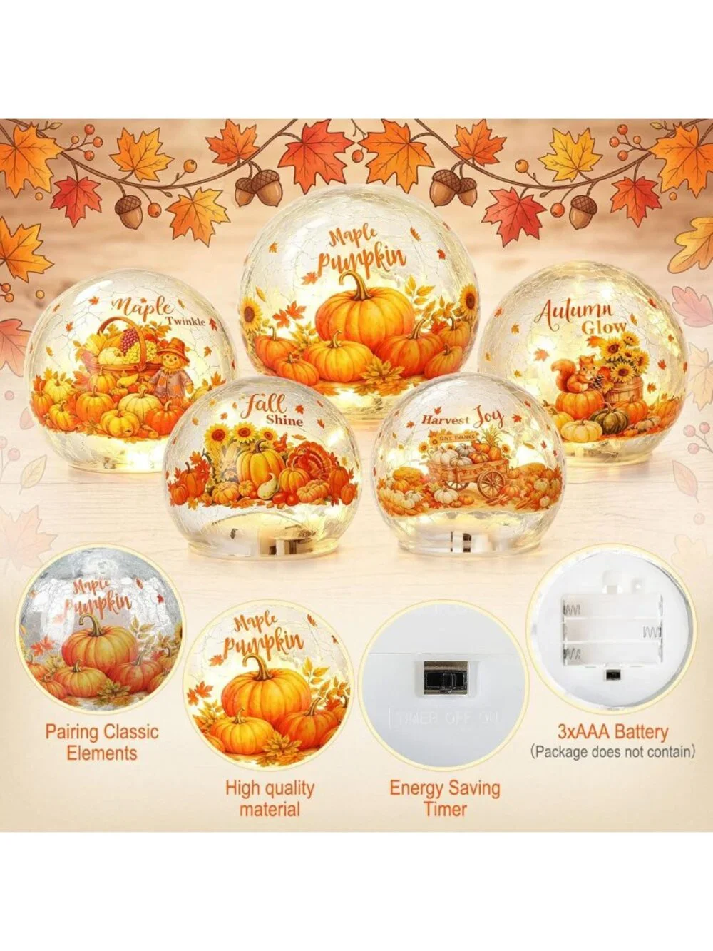 5 Pcs Lighted Crackle Glass Pumpkin Globes - Fall Tabletop Decor for